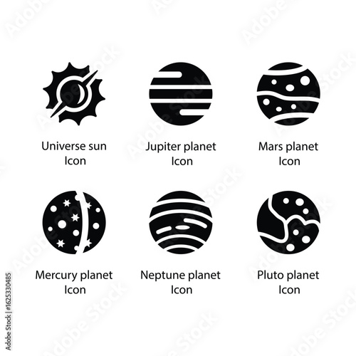 Universe sun, Jupiter planet, Mars planet, Mercury planet, Neptune planet, Pluto planet, icon