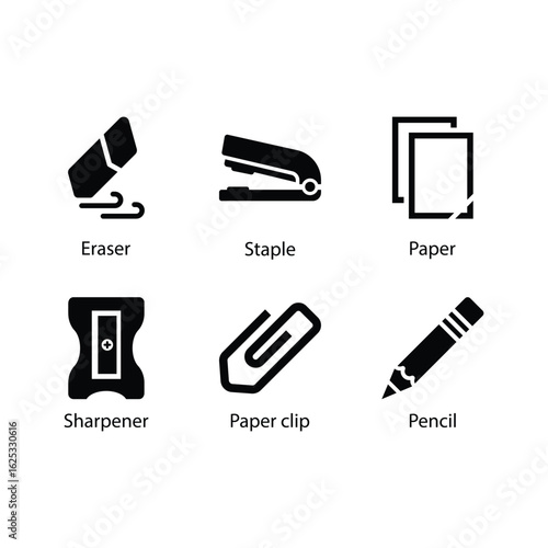Eraser, Staple, Paper, Sharpener, Paper clip, Pencil, icon