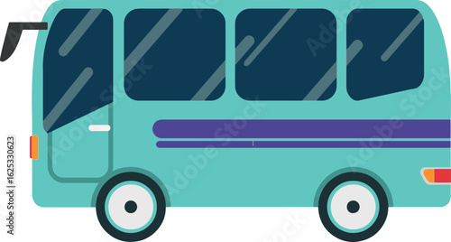 Flat illustration of a blue and teal passenger cartoon minibus with large windows and simple design