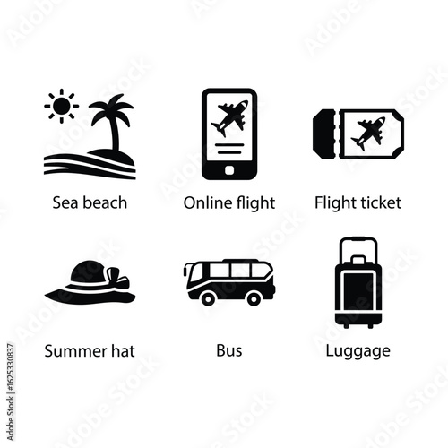 Sea beach, Online flight, Flight ticket, Summer hat, Bus, Luggage, icon