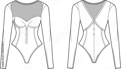 Long-sleeve bodysuit CAD, mesh panels, sweetheart neckline, V-back, button closure, front and back views, fashion sketch, garment illustration