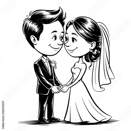 Love's Promise: A captivating monochrome illustration captures a tender moment between a bride and groom, their eyes locked in a silent pledge of everlasting love and commitment. 
