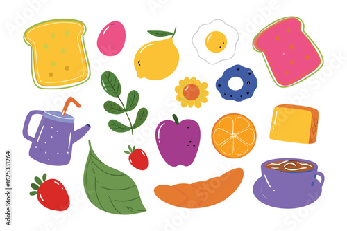 Colorful Breakfast Food Icons: A vibrant collection of hand-drawn food icons, bursting with color and celebrating the simple pleasures of breakfast, ready to inspire and delight.