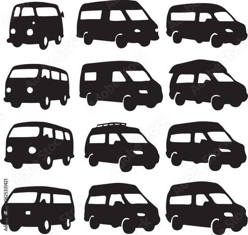 Twelve black silhouette icons of various vans and minibuses vehicle transport