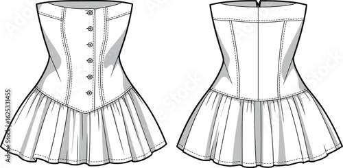 Pleated dress fashion illustration, fitted bodice, button-up front, zipper back, flared skirt, front and back view, garment sketch, template