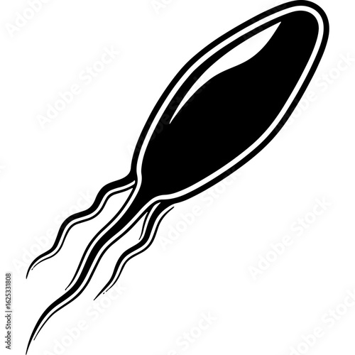 Abstract microscopic organism vector illustration. Black and white single-celled life form with flagella, bacterium or germ icon for science.