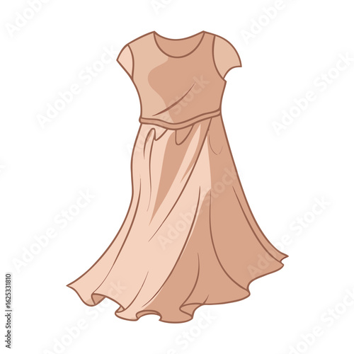 Flowing peach dress with cinched waist and short sleeves vector