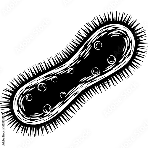 Hand-drawn style illustration of a microscopic bacterium or germ. Abstract black and white microbe cell in biological science concept.