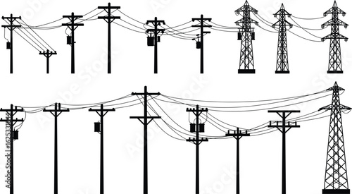 Line art vector illustration depicting a long, receding row of utility poles with numerous power lines and a transformer, against a white background, signifying extensive electrical infrastructure.