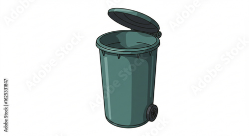 Illustration of a green trash can with an open lid and wheels on a white background in a cartoon style vreated with genrated ai
