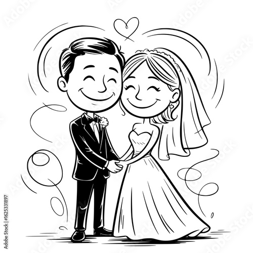 Love's Union: A charming illustration of a bride and groom embracing each other with love and joy, standing side by side with an heart over them.