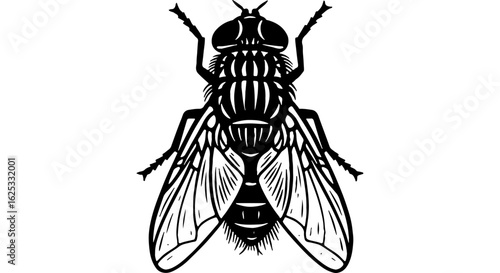 Detailed black and white illustration of a common housefly from a top view, perfect for insect or pest related designs.