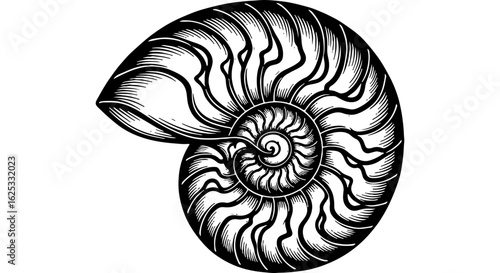 Elegant black and white vintage nautilus shell illustration showing inner chambers and logarithmic spiral pattern on white background.