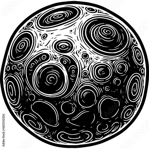 Abstract Black and White Cell Illustration. Microorganism with Organic Swirling Patterns. Stylized Microscopic Biology Art.