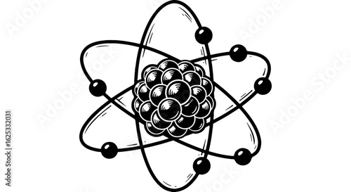 Classic Hand-Drawn Atom Model Illustration. Scientific Symbol of Energy, Chemistry, Physics, and Quantum Structure.