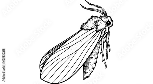 Detailed black and white vector illustration of a moth. Hand-drawn outline art of a nocturnal insect with delicate wings.