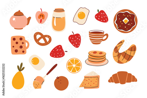Breakfast Delights: An array of tasty food and drink items, elegantly arranged to create a delightful visual spread for a perfect morning. 