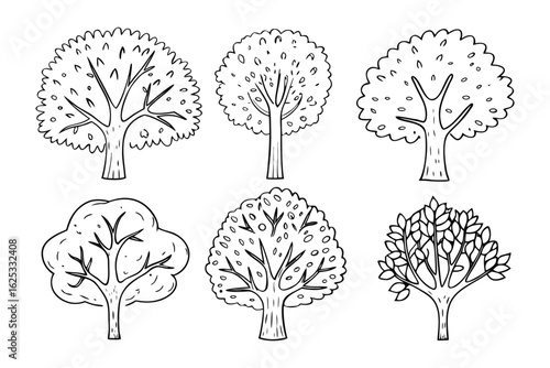 Artistic Tree Array: A collection of various trees displayed against a plain backdrop, inviting viewers to appreciate the variety and beauty of nature's designs.