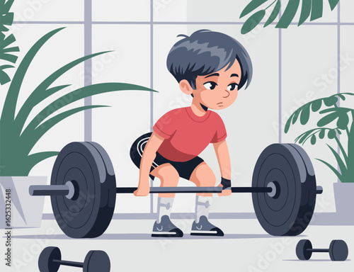 Young Boy Lifting Heavy Barbell Cartoon Fitness Training Gym Workout
