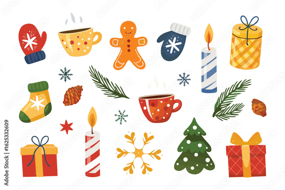 Fototapeta premium Festive Christmas Assortment: A cheerful compilation of holiday icons, featuring mittens, cups of cocoa, a gingerbread man, candles, pine sprigs, gift boxes, a snowflake, a stocking.
