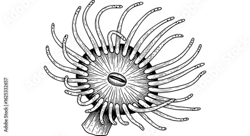 Monochrome Sea Anemone Illustration, Vintage Engraved Style, Marine Cnidarian, Ocean Life Sketch Art