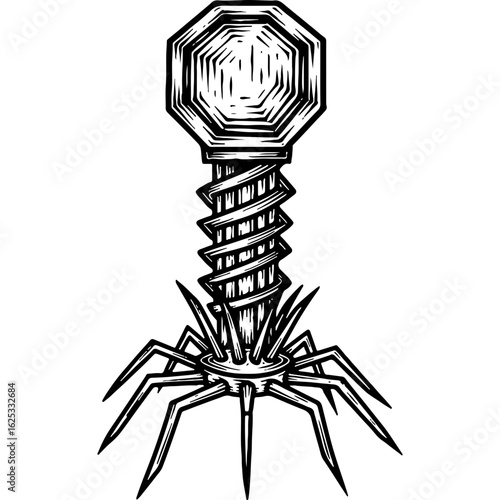 Vintage woodcut style illustration of a bacteriophage virus, a microscopic organism representing microbiology and scientific research.