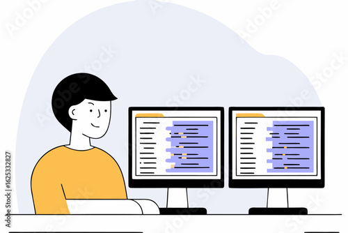 Programista pracujący przy dwóch monitorach, kodowanie i rozwój oprogramowania, praca zdalna IT