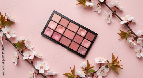 Cherry Blossom Glam – Nude and Pink Makeup Palette Flatlay