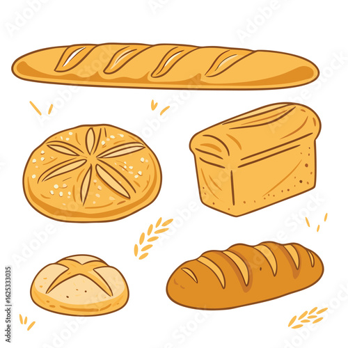 Assorted baked bread loaves and rolls vector illustration baguette loaf