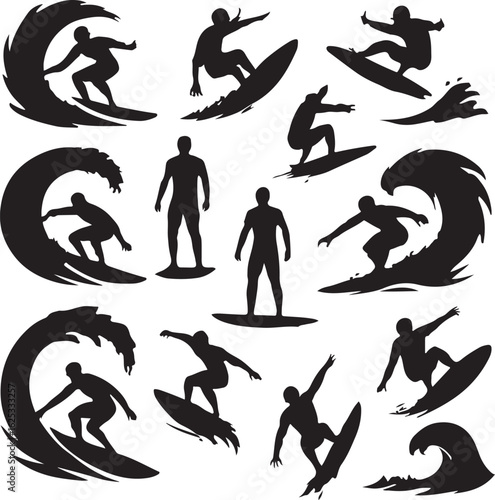 Black silhouette surfers riding waves and standing on surfboards isolated on white surfing ocean