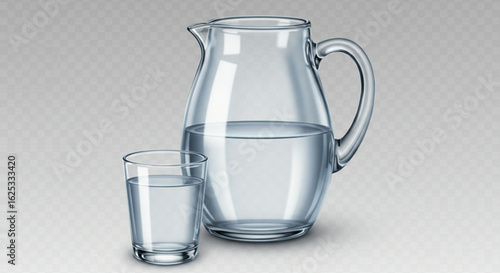 A clear glass pitcher filled with water sitting next to a glass of water on a neutral background vreated with genrated ai