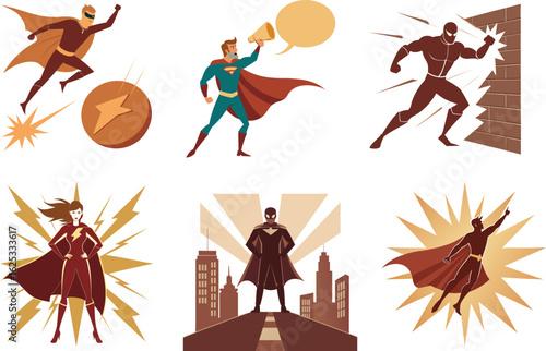 Superhero characters in powerful dynamic poses with capes, costume and comic city backgrounds