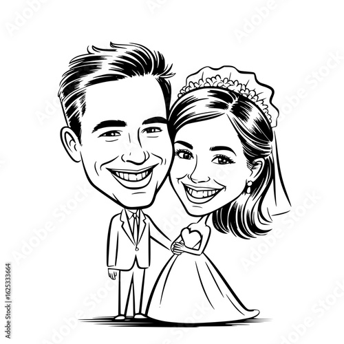 Wedding Caricature: A jovial caricature of a bride and groom, radiating happiness and love on their special day, captured in a charming cartoon style.