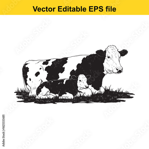 vector art of black and white illustration of a cow and calf in a grassy field