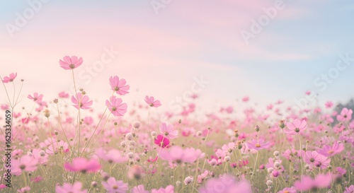 Dreamy Pink Wildflower Field – Soft Floral Landscape Under Blushing Sky