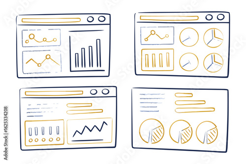 Data Visualization Illustration: A set of hand-drawn, illustrated data visualization elements, with charts and graphs, showcasing complex information.