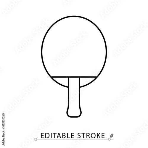 A table tennis racket icon in minimalist style with editable stroke. Ping pong equipment, paddle sport, indoor game, training tool, reflex activity, match object, competitive element, outline design.