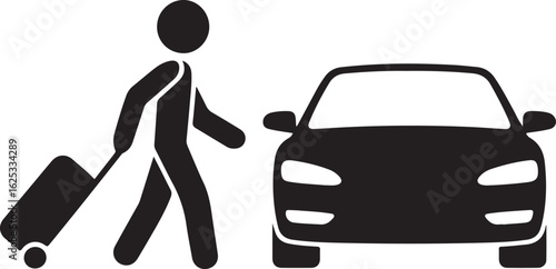 Stick Figure Traveler with Luggage Approaching Car Transportation Concept Illustration Vector Design