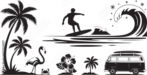 A set of bold black silhouette icons for summer vacation, including a surfer, vintage van, and tropical elements.