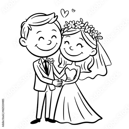 Sweethearts' Eternal Bond: A charming cartoon depiction of a radiant bride and groom, their hearts intertwined as they celebrate their sacred union with affection and joyful bliss.