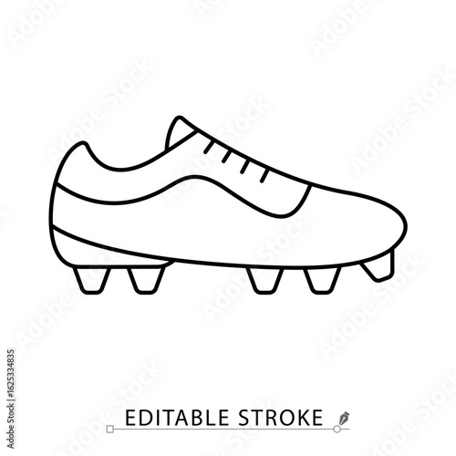 A soccer cleat icon in minimalist style with editable stroke. Football shoe, sport footwear, outdoor gear, training equipment, match object, team game element, cleated sole, outline design.