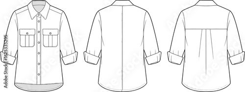 Shirt technical drawing, front and back view, yoke detail, button-down, chest pockets, rolled sleeves, fashion sketch, garment template