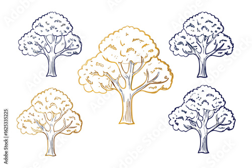 Stylized Trees Illustration: A collection of five stylized trees, each rendered with distinct outlines and shading, representing variety and growth. 
