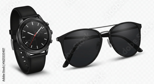 A sleek black smartwatch with a leather strap and a pair of dark sunglasses on a white background vreated with genrated ai