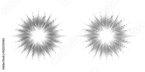 Halftone circle frame background set. Round border Icon using halftone random circle. Grunge circular stain. Vector illustration.