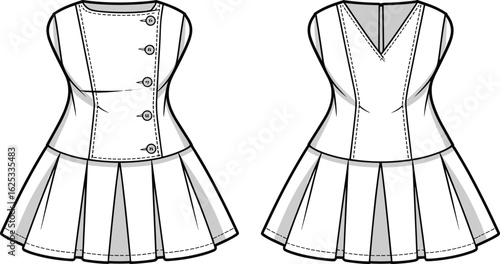 Sleeveless dress fashion illustration, round neckline, V-neckline, pleated skirt, button detail, fitted bodice, front view, garment template