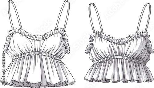 Ruffled sleeveless top CAD drawing, elastic underbust, gathered neckline, thin straps, fashion sketch, front views, vector template