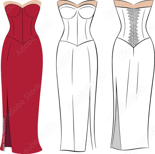 Strapless gown design, red evening dress, white corset dress, lace-up back detail, fashion illustration, elegant silhouette, garment sketch, couture