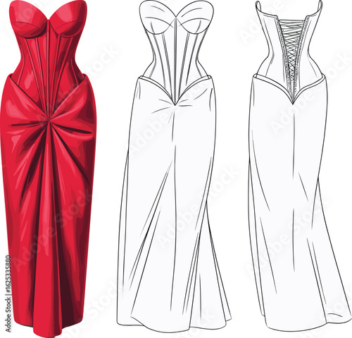 Strapless gown design, red evening dress, fashion sketch, lace-up back, pleated skirt, boned bodice, elegant silhouette, couture illustration