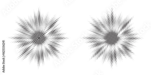 Halftone circle frame background set. Round border Icon using halftone random circle. Grunge circular stain. Vector illustration.